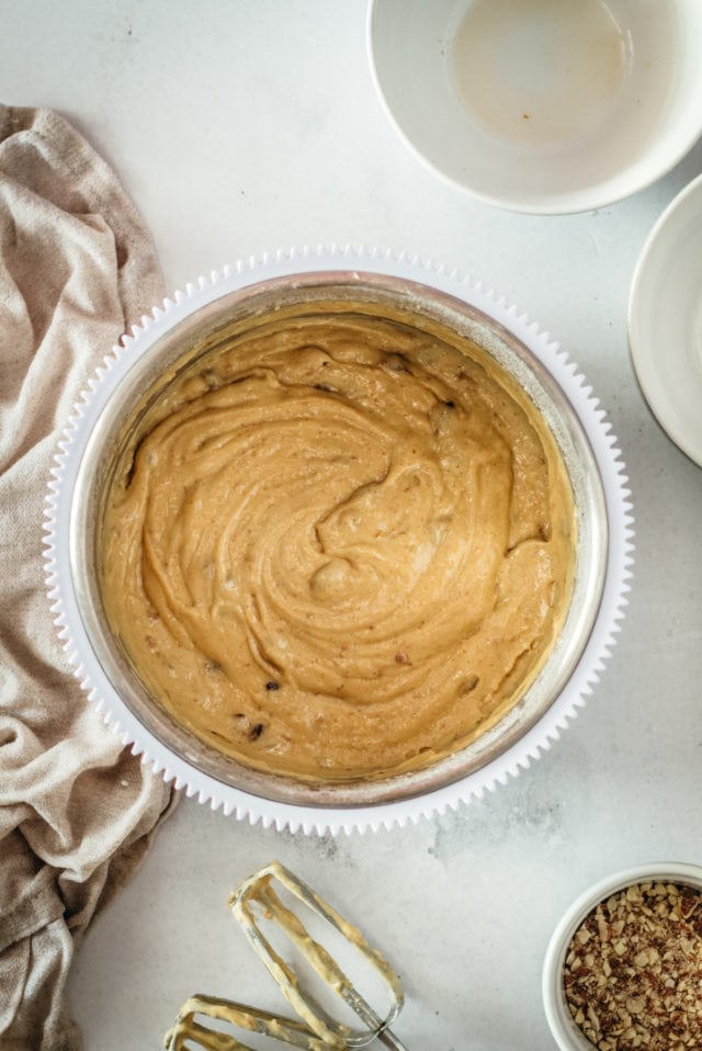 Overhead view of bread batter in mixing bowl