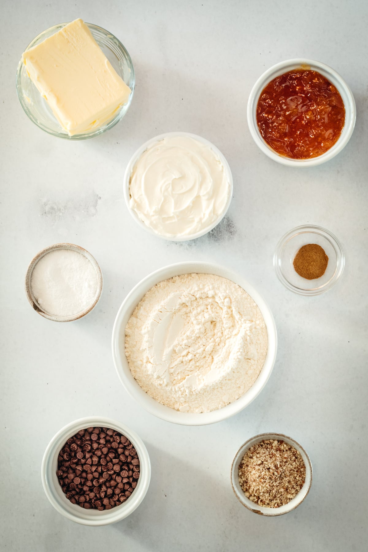 Overhead view of rugelach ingredients