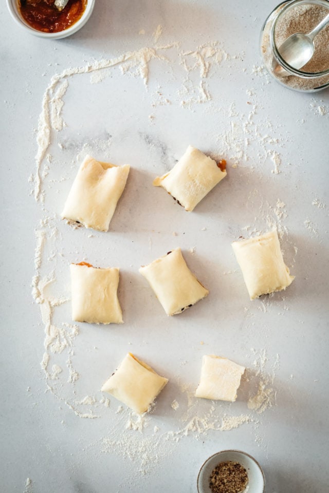 Rectangle rugelach on floured marble work surface
