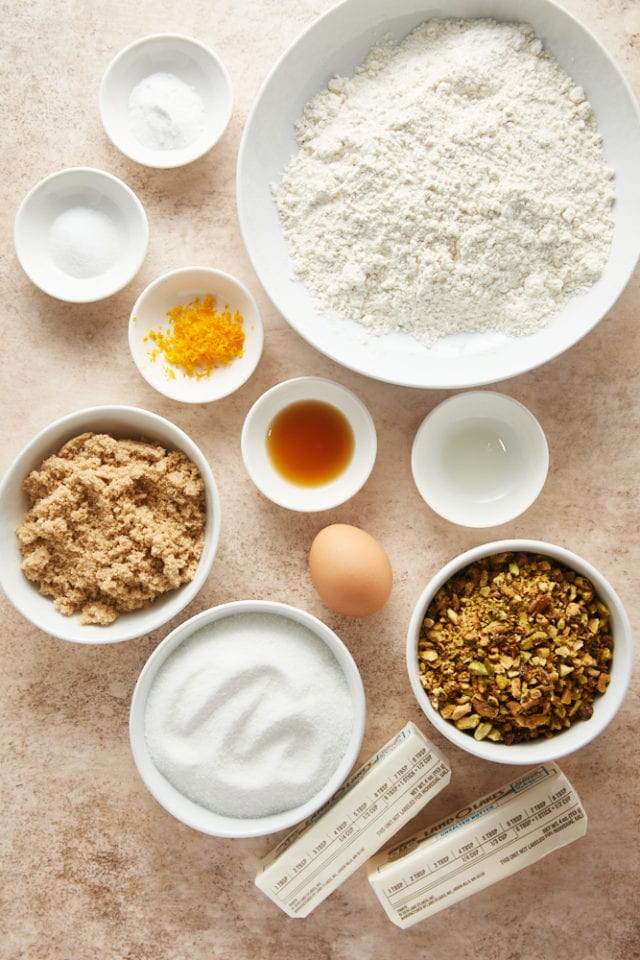 overhead view of ingredients for Brown Butter Pistachio Cookies