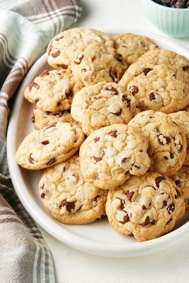 Chewy Chocolate Chip Cookies on a white oval plate