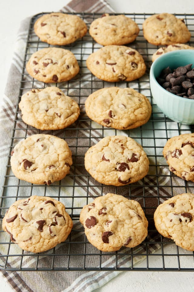 Chewy Chocolate Chip Cookies cooling on a wire rack