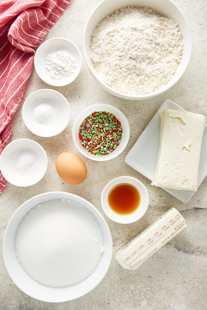 Overhead view of ingredients for no-roll sugar cookies.