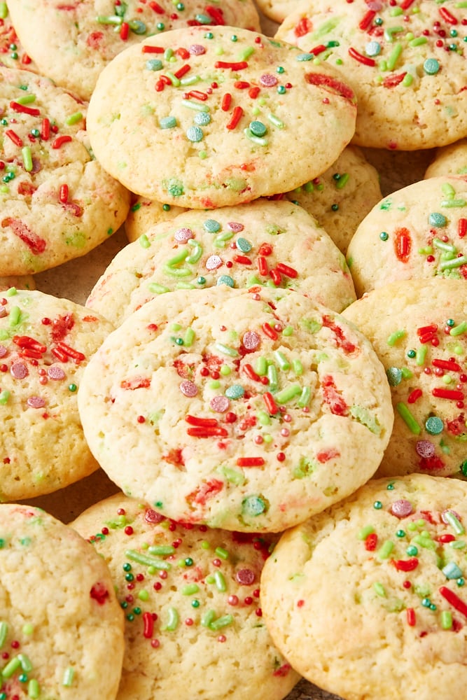 Close-up of a pile of soft Christmas sugar cookies.