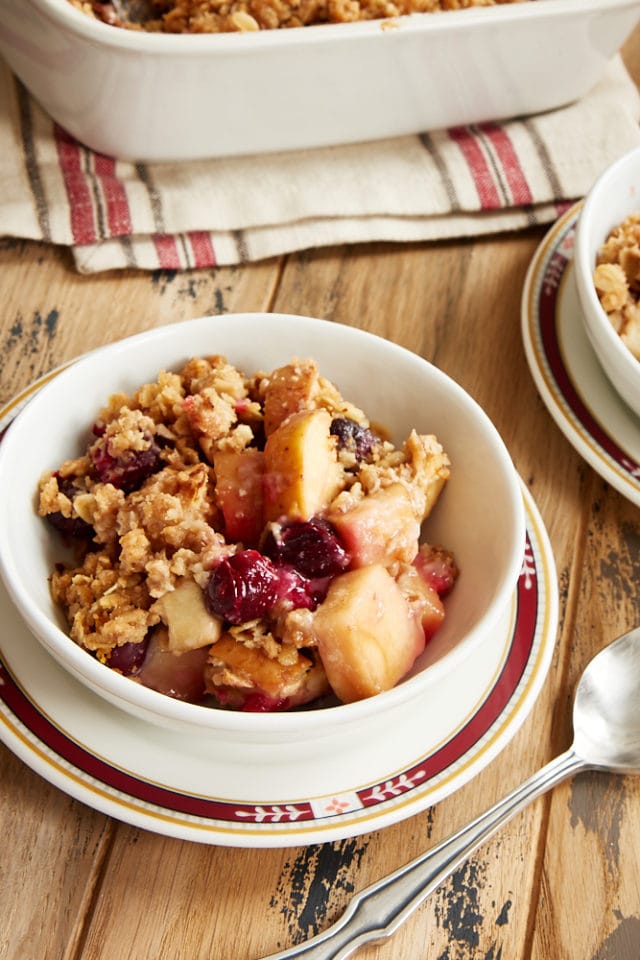 Cranberry Apple Crumble served in a white bowl