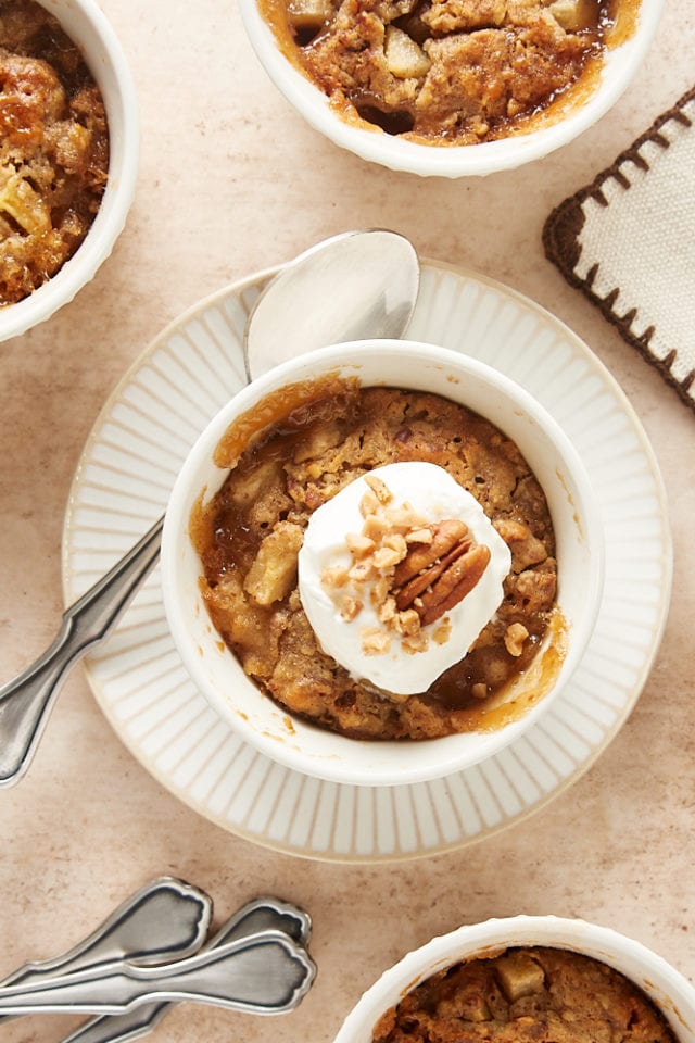 Small-batch Ginger Pear Pudding Cakes combine fresh pears, nuts, and spices for a fantastic fall dessert. While the cake bakes, it creates a layer of rich butterscotch pudding underneath a layer of flavorful cake. Absolutely delicious!