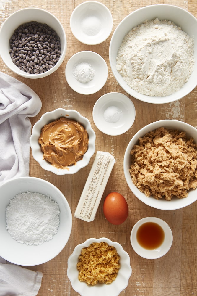 Overhead view of ingredients for peanut butter crinkle cookies.