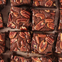 close-up overhead view of Pecan Lovers' Brownies cut into squares