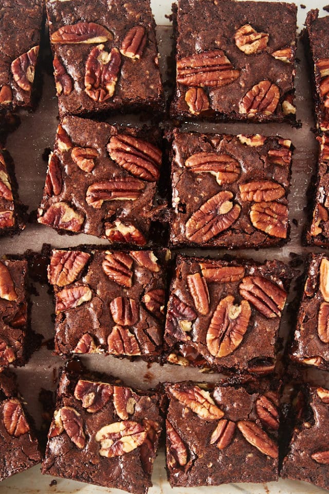 close-up overhead view of Pecan Lovers' Brownies cut into squares