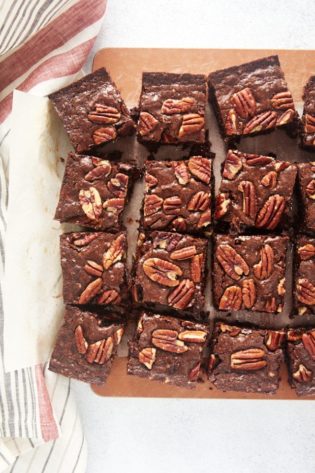 overhead view of Pecan Lovers' Brownies cut into squares
