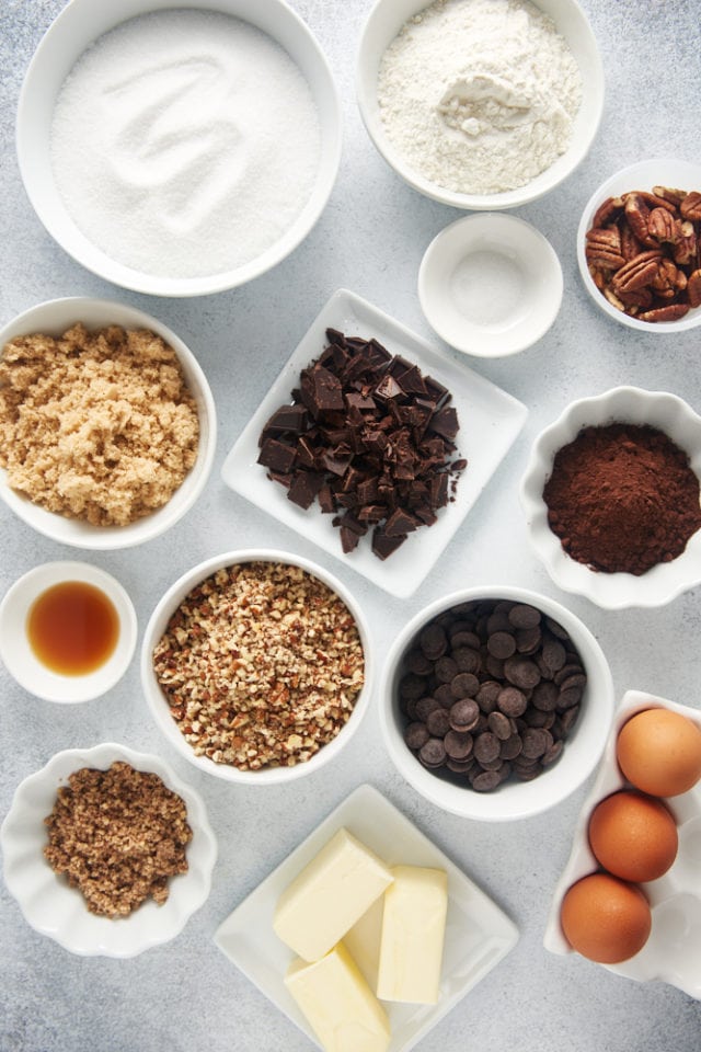 overhead view of ingredients for pecan brownies