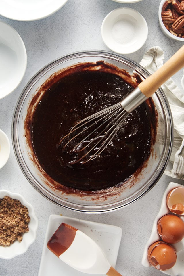 overhead view of partially mixed brownie batter