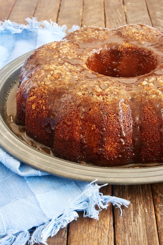 Pecan Pie Bundt Cake on a pewter cake plate