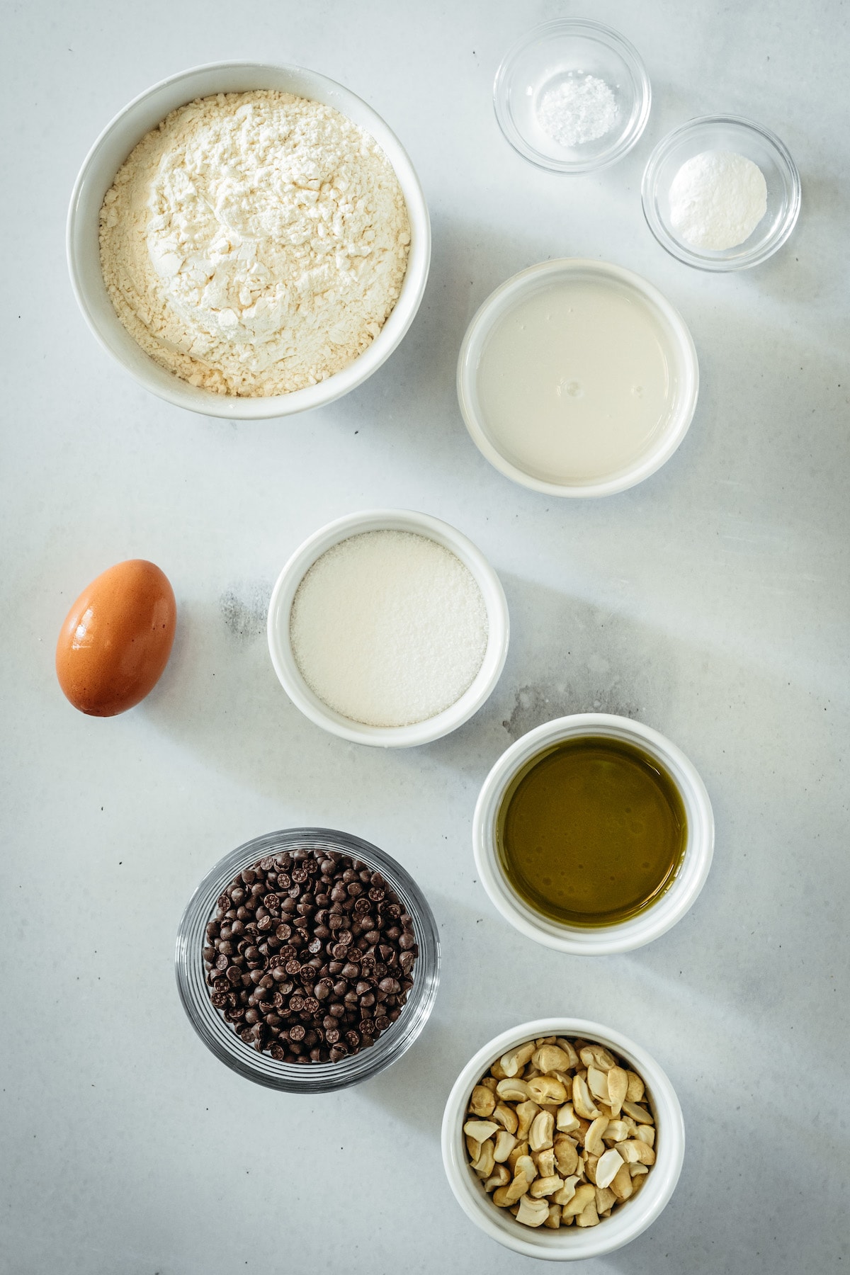 Overhead view of chocolate chip cashew bread ingredients