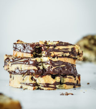 Stack of three chocolate cashew bread slices
