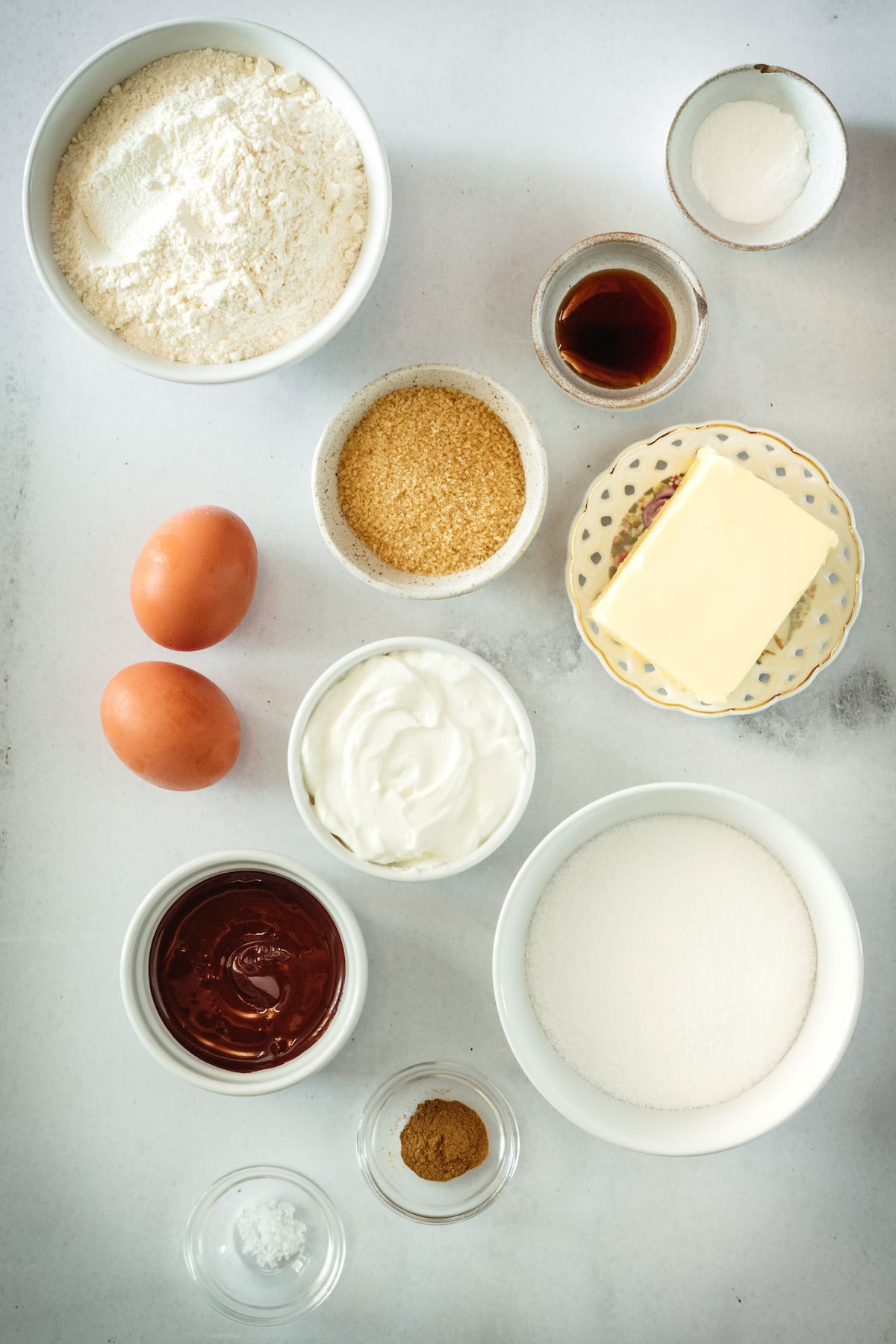 Overhead view of Chocolate Swirl Coffee Cake ingredients