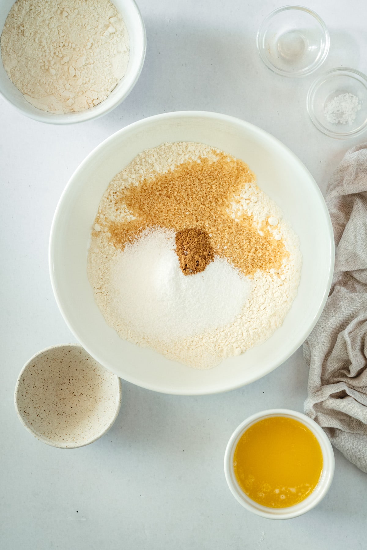 Overhead view of dry crumb topping ingredients in bowl