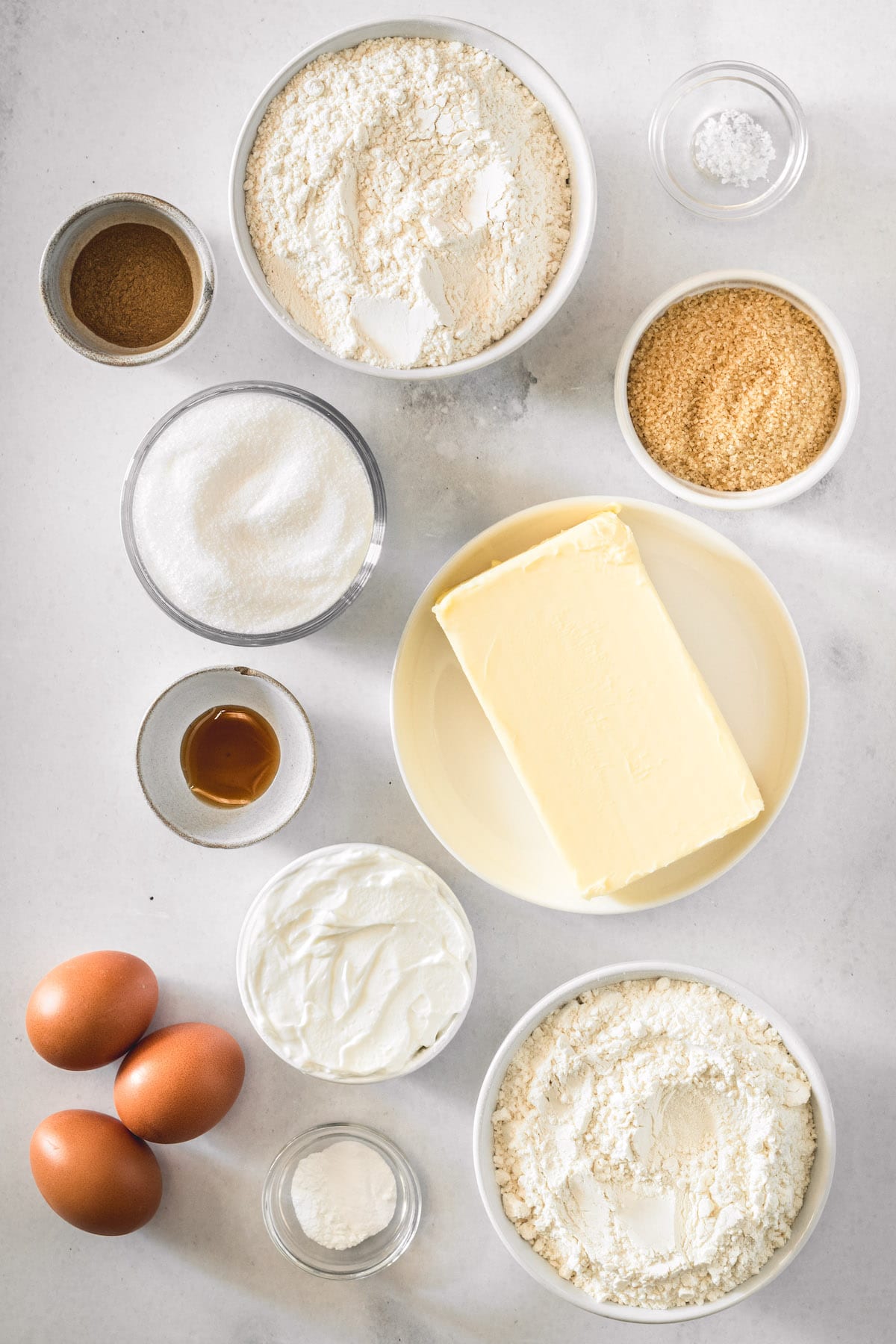 Overhead view of crumb cake ingredients