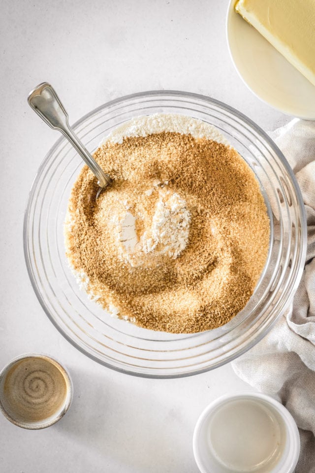 Overhead view of dry ingredients for crumb mixture