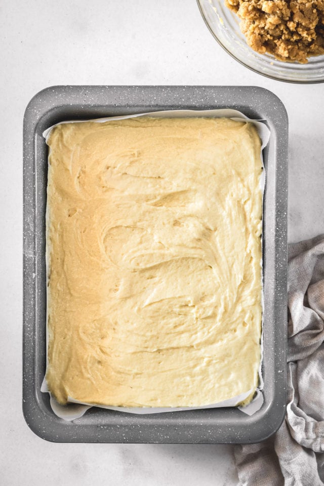 Overhead view of cake batter in baking pan