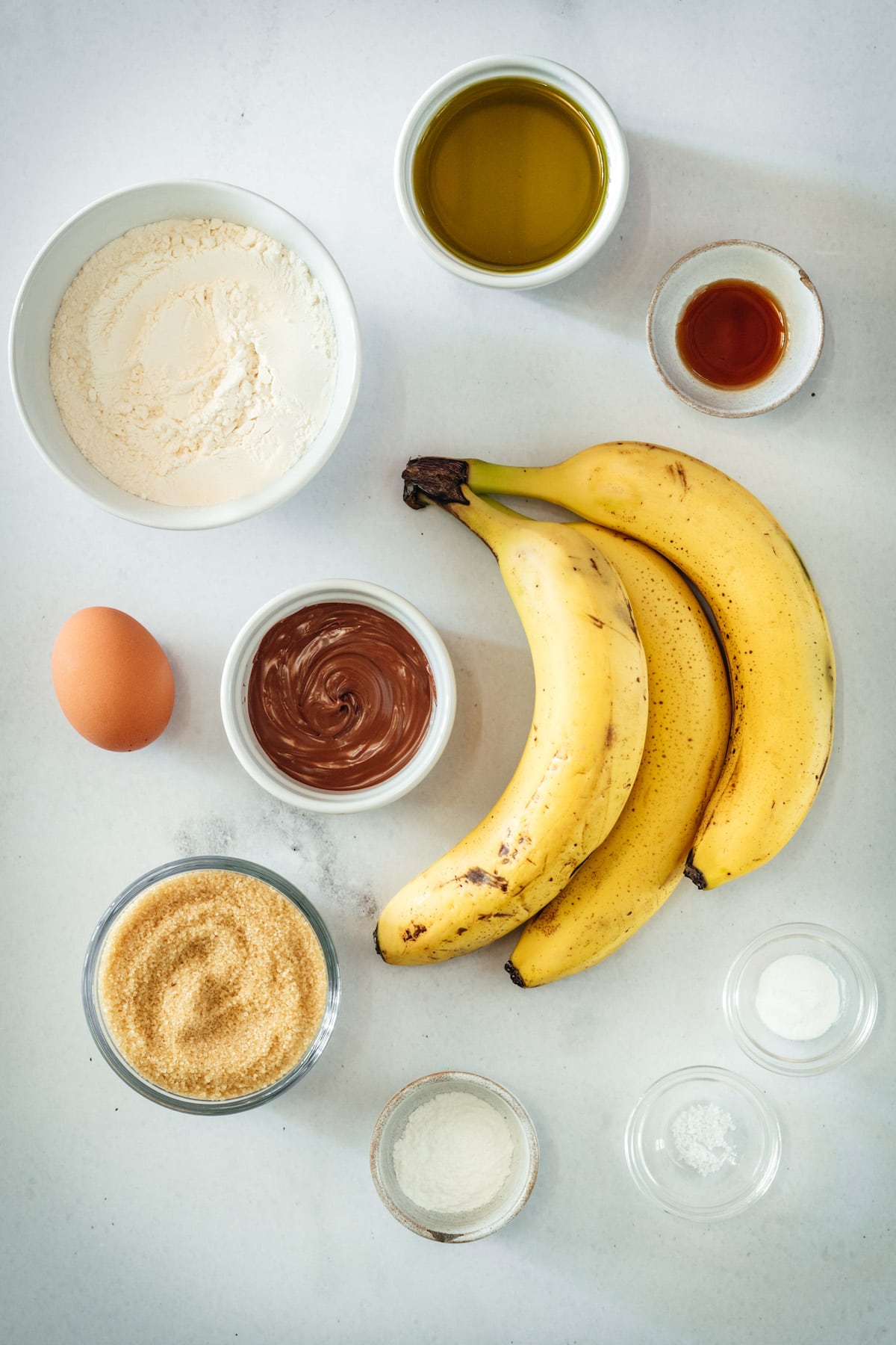 Overhead view of Nutella banana bread ingredients