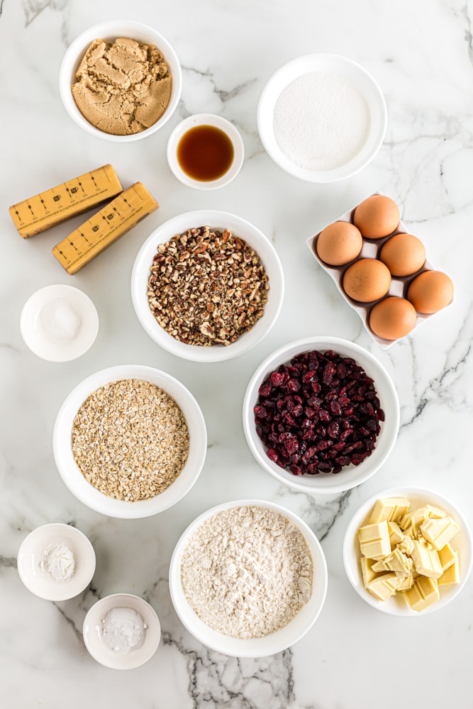 Overhead view of ingredients for oatmeal cranberry cookies.