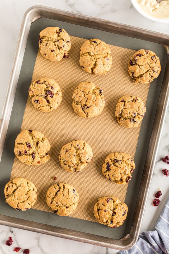 overhead view of freshly baked Oatmeal Cranberry Cookies on a silicone-lined baking sheet