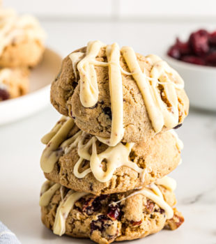 stack of Oatmeal Cranberry Cookies on a marble surface