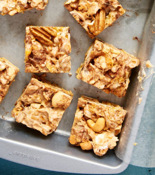 overhead view of Sweet and Nutty Corn Flake Bars in a metal pan