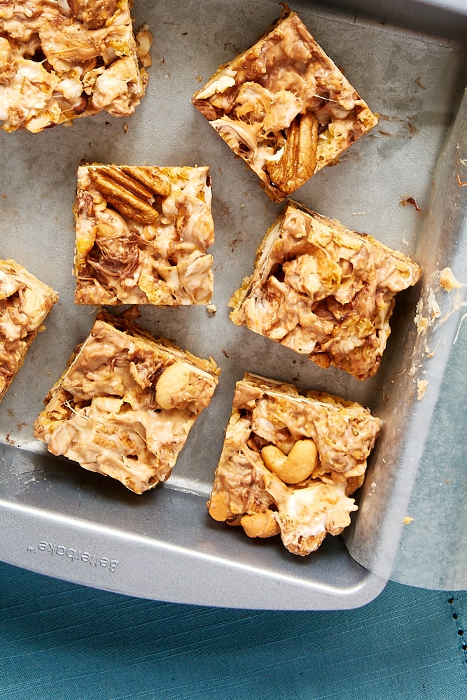 overhead view of Sweet and Nutty Corn Flake Bars in a metal pan