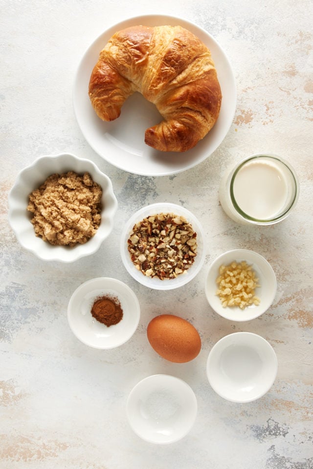 overhead view of ingredients for Cinnamon Almond Bread Pudding for Two