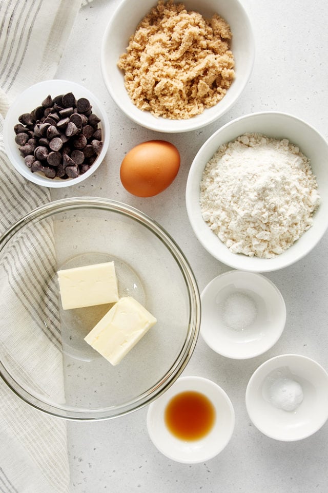 overhead view of ingredients for Deep Dish Chocolate Chip Cookies for Two