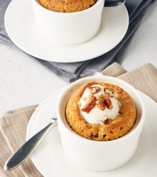 Deep Dish Chocolate Chip Cookies for Two served on white plates on top of beige and gray napkins