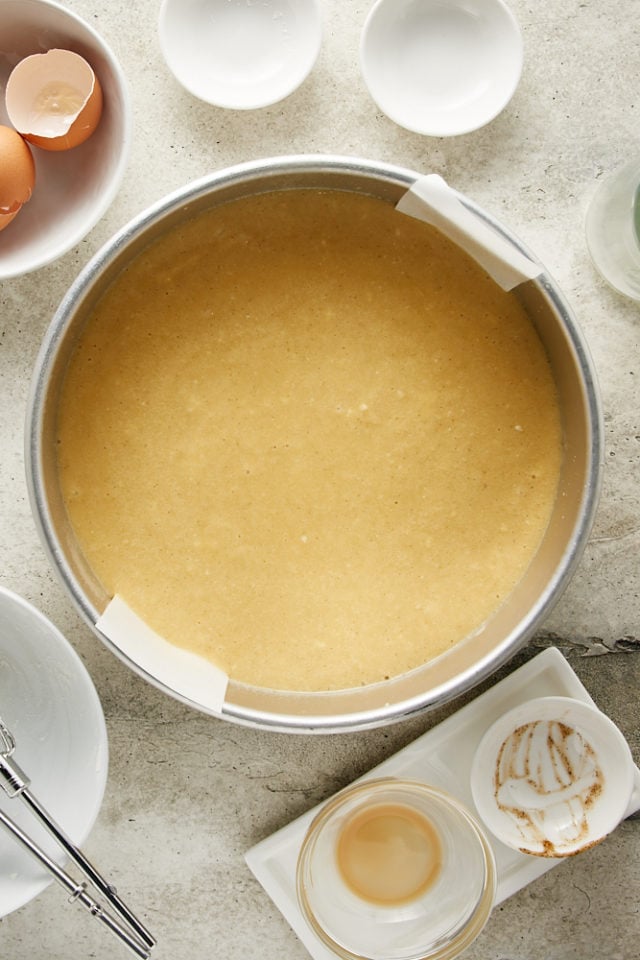 overhead view of Irish Cream Cake batter in a parchment-lined cake pan