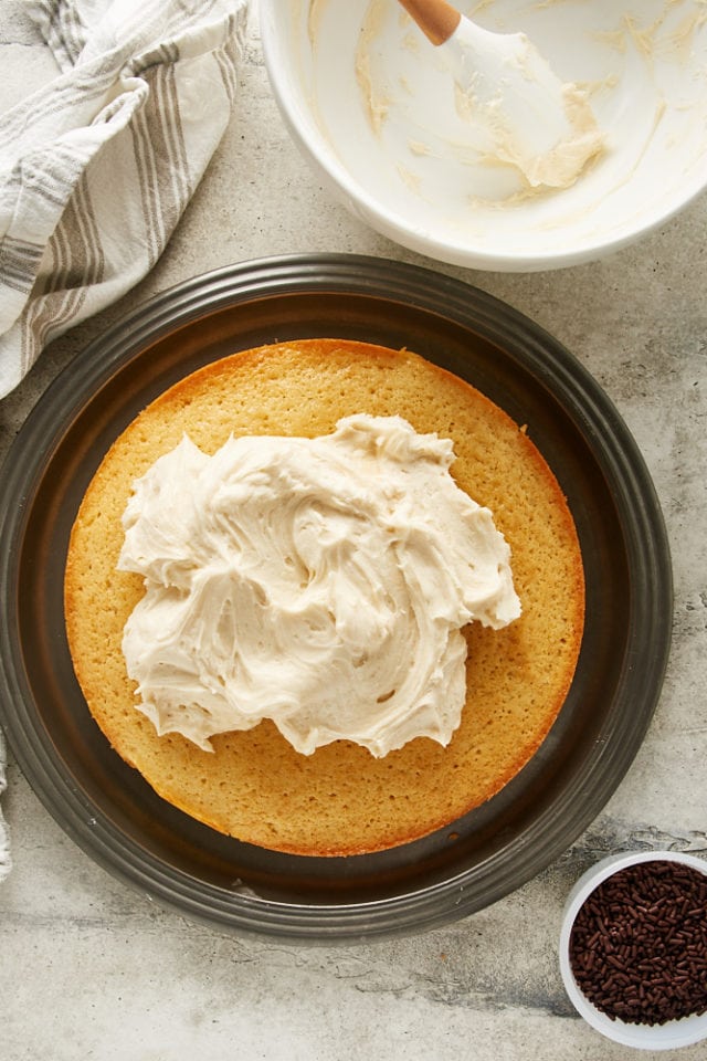 overhead view of frosting on top of Irish Cream Cake