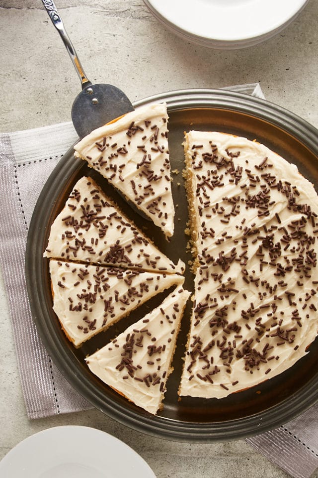 overhead view of sliced Irish Cream Cake on a pewter cake plate