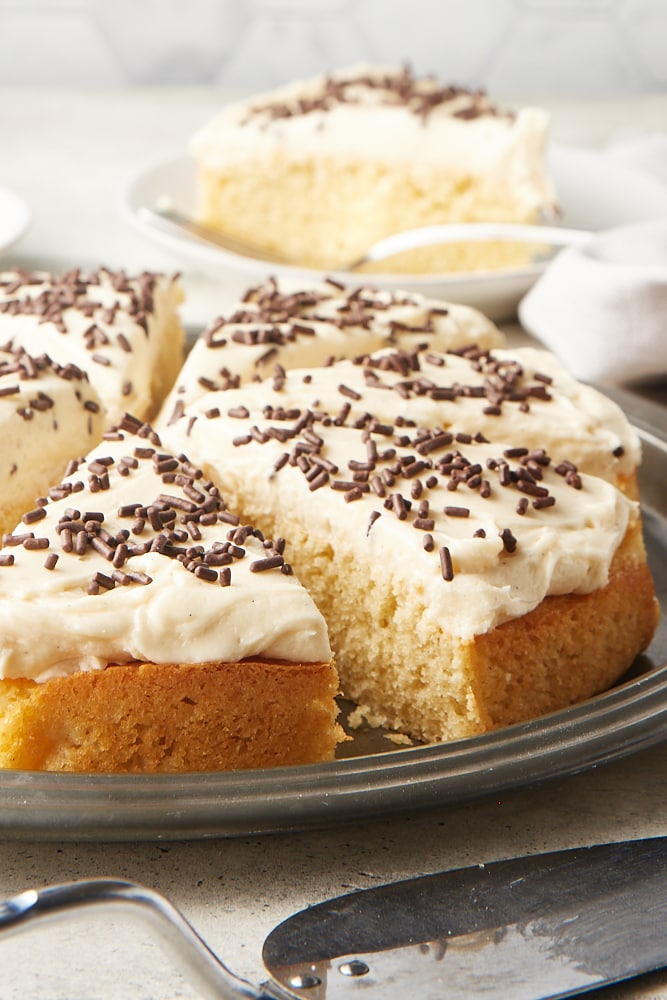 Irish Cream Cake on a pewter cake plate