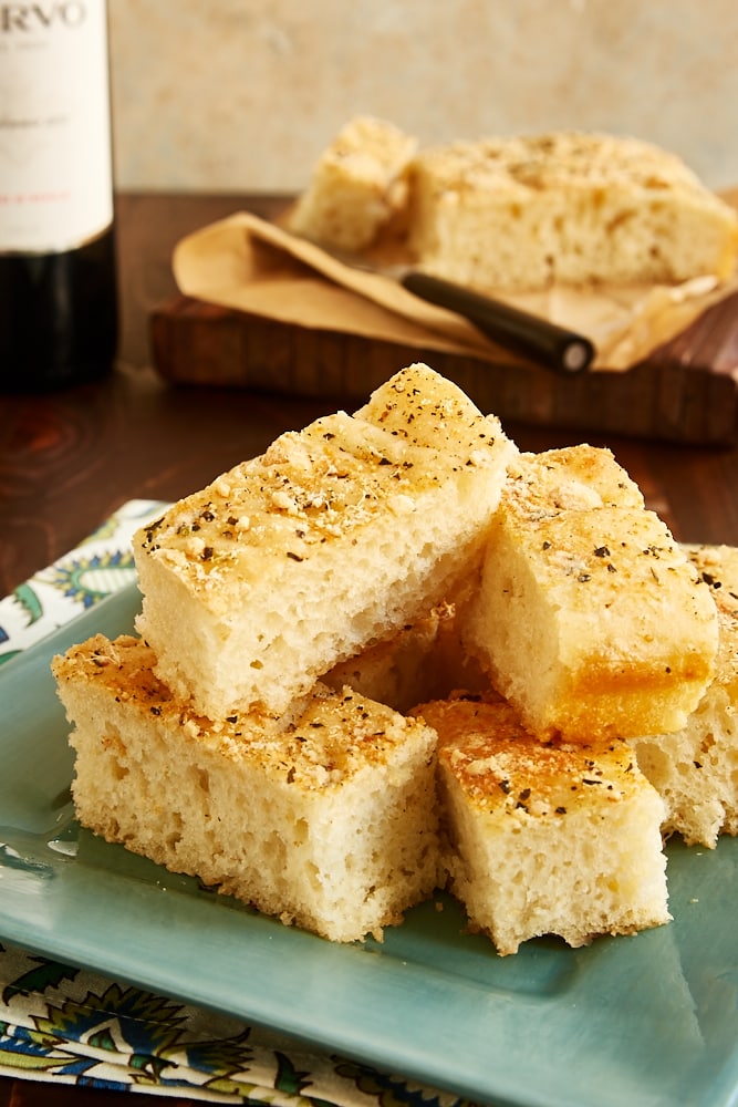 slices of Quick No-Knead Focaccia on a green plate