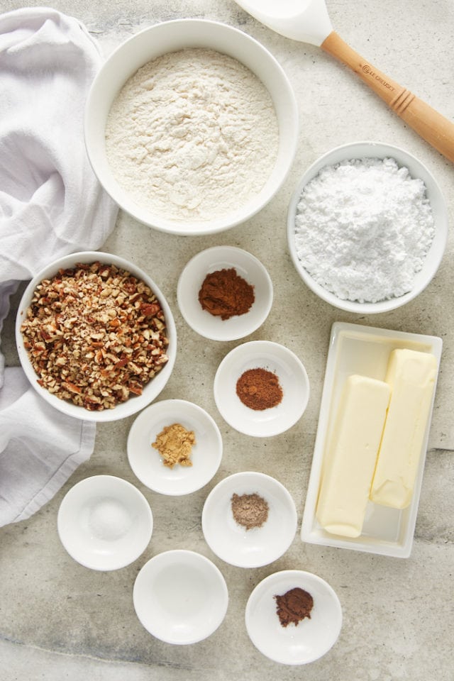 overhead view of ingredients for Nutty Spiced Snowball Cookies