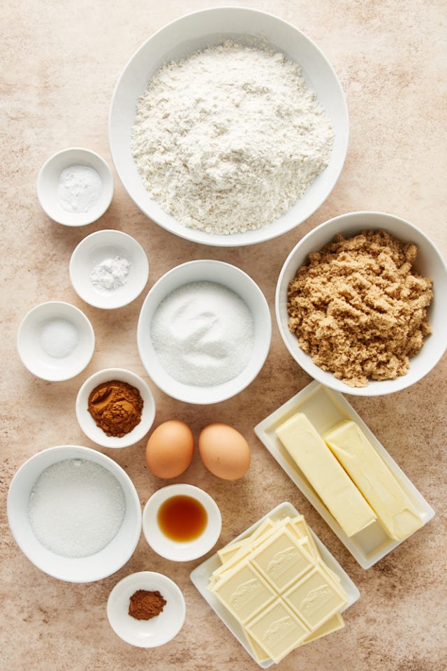 overhead view of ingredients for White Chocolate Snickerdoodles