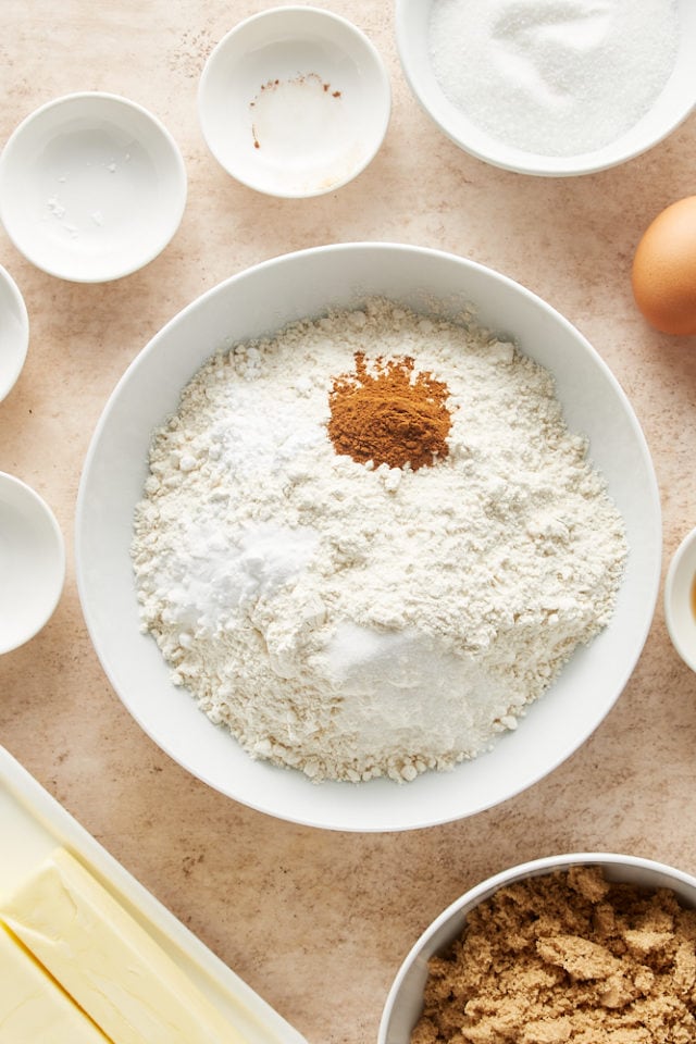 overhead view of flour, baking soda, cream of tartar, and cinnamon in a white mixing bowl