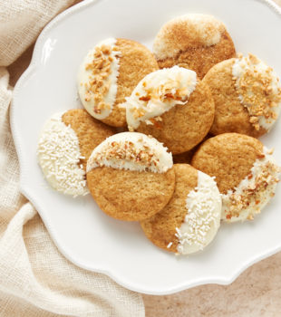 overhead view of White Chocolate Snickerdoodles on a white plate