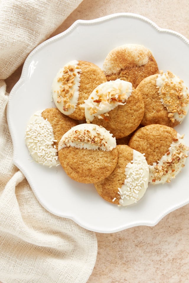 overhead view of White Chocolate Snickerdoodles on a white plate