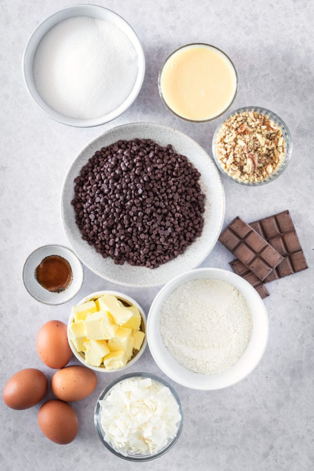 overhead view of ingredients for Caramel Coconut Pecan Brownies