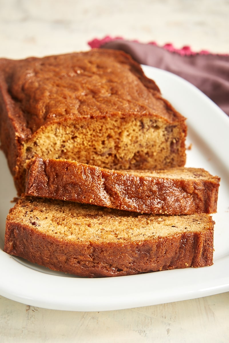 sliced Dulce de Leche Banana Bread on a white platter