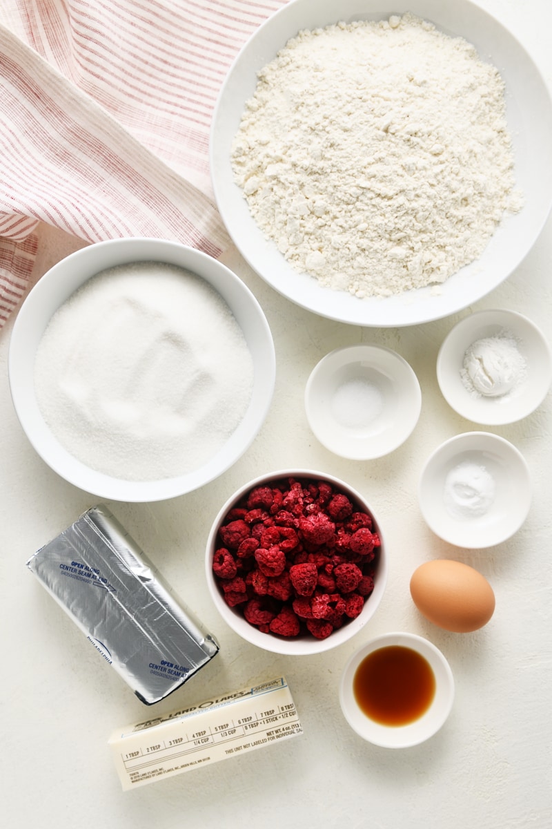 Overhead view of ingredients for raspberry sugar cookies.