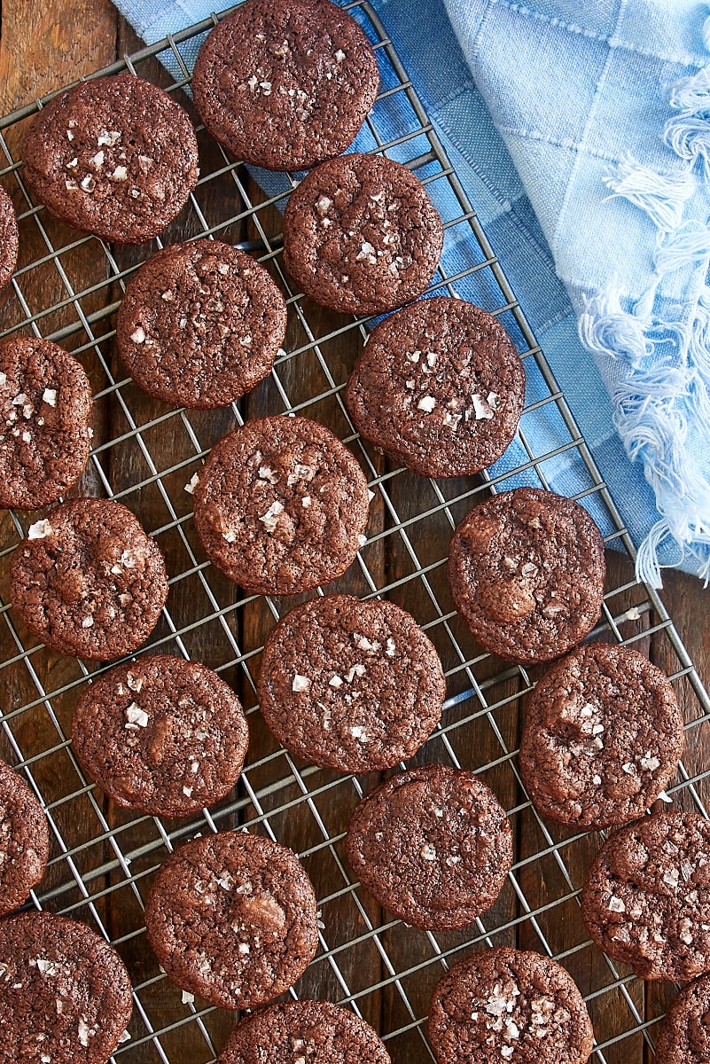 overhead view of Salted Double Chocolate Cookies on a wire cooling rack