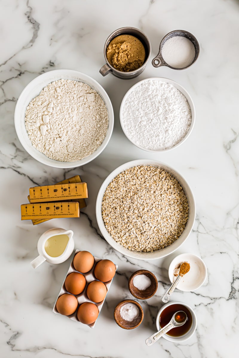 Overhead view of oatmeal cream pie ingredients