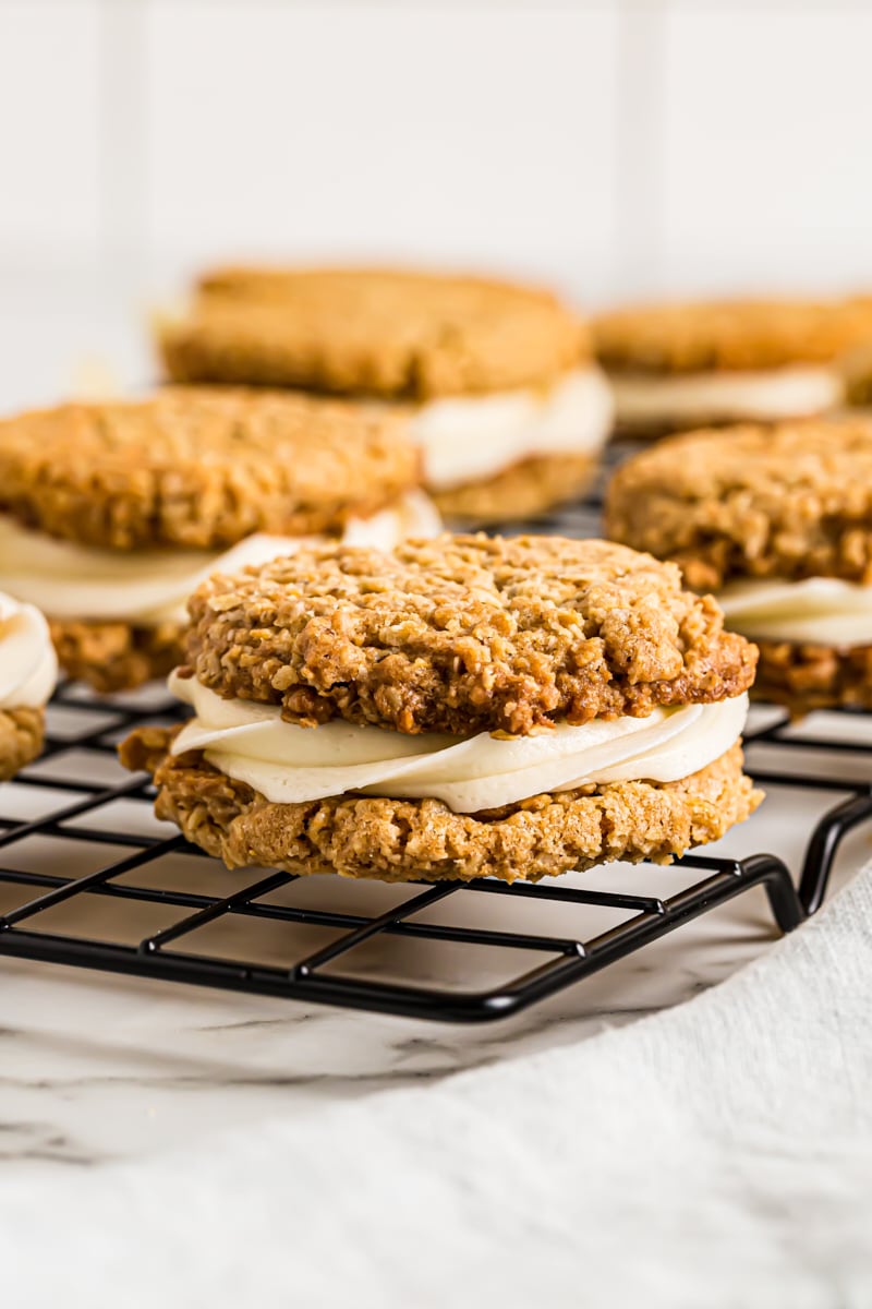 Oatmeal cream pies set on wire rack