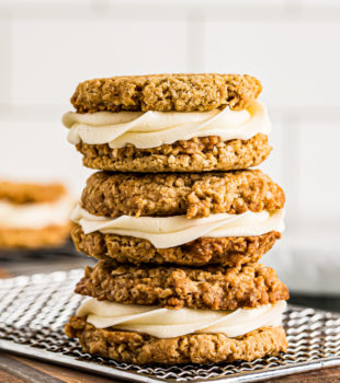 Stack of 3 oatmeal cream pies on cooling rack